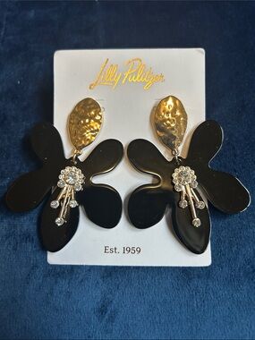 Lilly Pulitzer In A Flutter Noir Statement Earrings Black Floral Rhinestone NWT